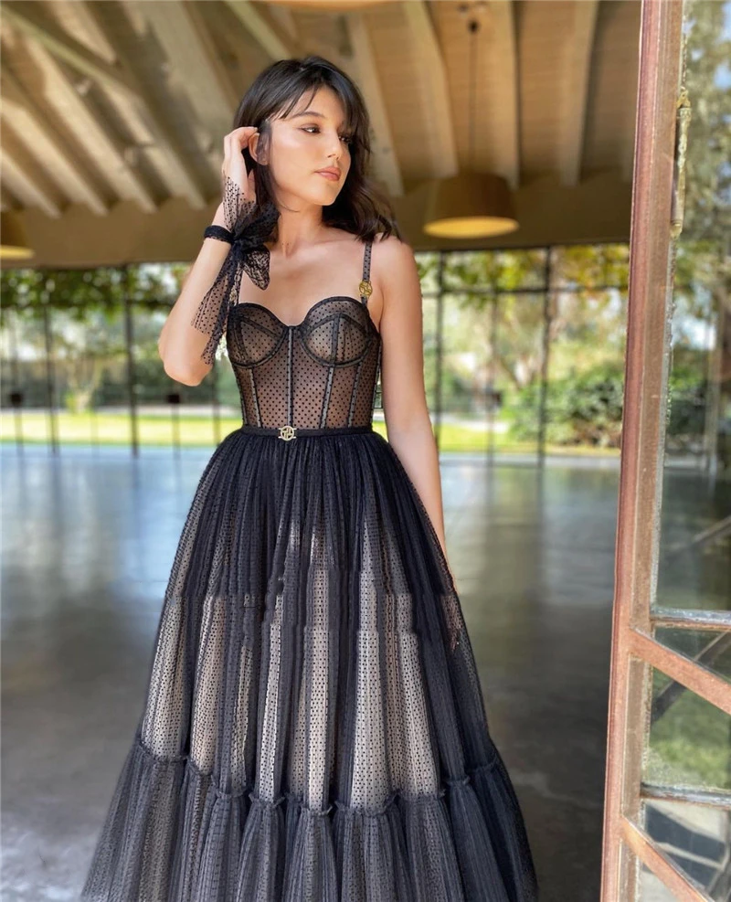 Sexy Black Short Prom Dresses Puffy Ankle Length Plus Size Spaghetti Straps Sweetheart Dot Tulle Evening Party Gowns Custom Made