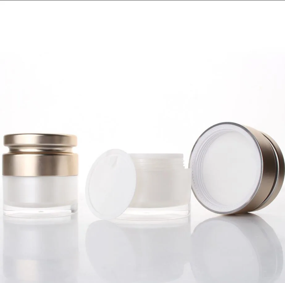 ขวดอะคริลิคสีขาวมุกฝาทองด้าน 50 กรัม สำหรับบรรจุภัณฑ์เครื่องสำอาง เช่น ครีมบำรุงกลางวัน/กลางคืน เจลทาใต้ตา เอสเซนส์ มอยเจอร์ไรเซอร์ สครับขัดผิว