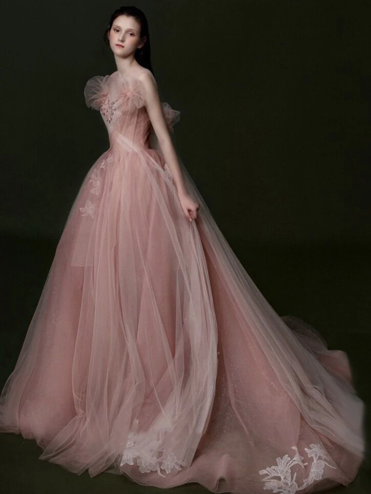 Elegante abito da sera formale in Tulle senza spalline rosa senza spalline abito da festa di nozze classico senza schienale a vita sottile