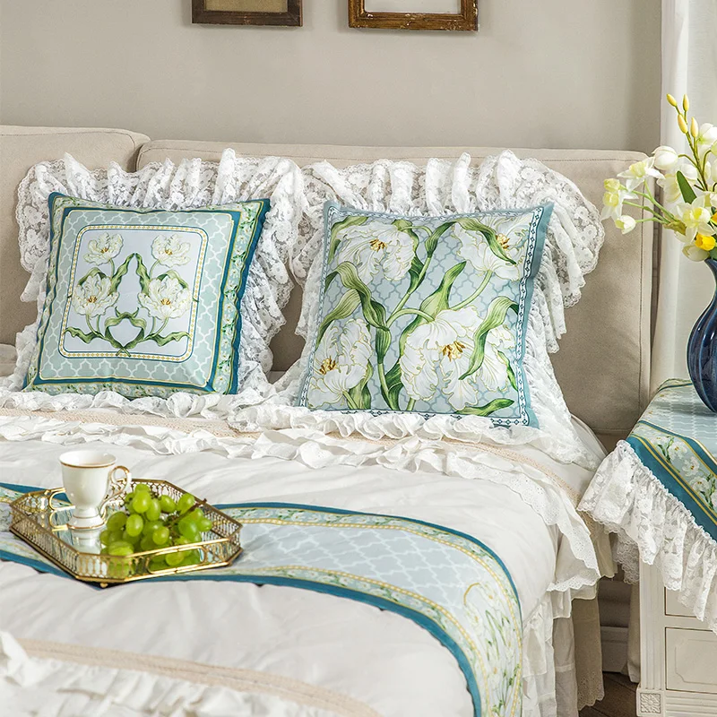 Pearl Cushion Cover with Lily Flowers Artwork, Square Accent Pillow Case, Blue and Green, Light Luxury Lace, 45x45cm view 2
