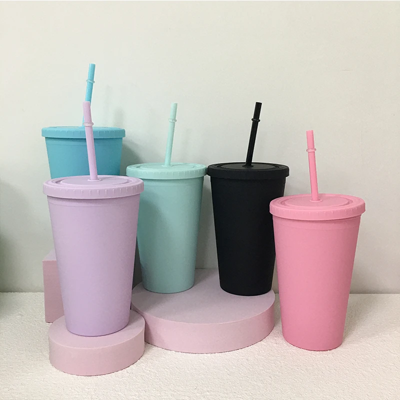 16oz Colored Acrylic Cone Cups With Lids Straw Double Wall Matte Plastic Reusable Water Tumbler Portable For Father's Day Gift