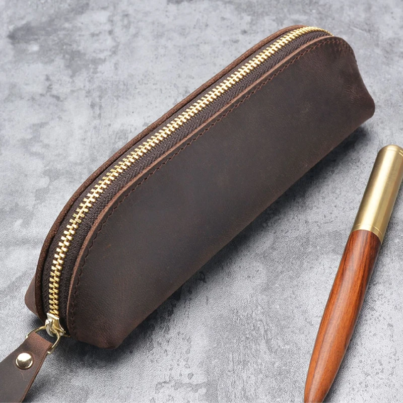 100% Genuine Leather Pencil Case Vintage Handmade Zipper Pen Bag Storage Pouch Classic Customized Souvenirs Prizes Gift Supplies