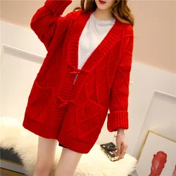 Red Thick Warm Knitted Sweater Women Student Tops Autumn Winter Fashion Casual Loose Big Pocket Knit Cardigan Ladies Jumper