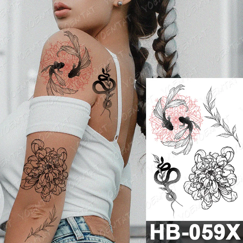 Waterproof Temporary Tattoo Sticker Dark Snake Peony Flower Koi Old School Flash Tatto Women Men Body Art Arm Thigh Fake Tattoos