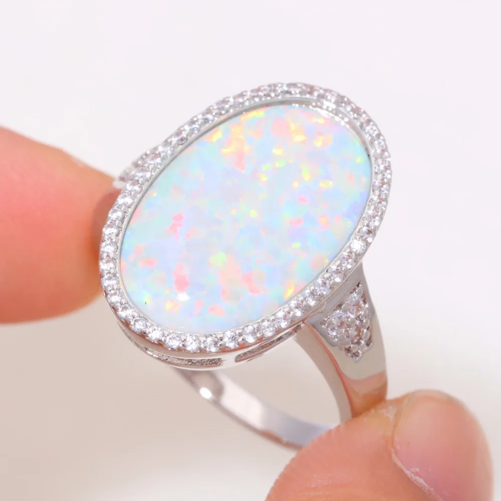 CiNily Created White Fire Opal Cubic Zirconia Silver Plated Wholesale for Women Jewelry Christmas Gift Ring Size 7-9 OJ9270