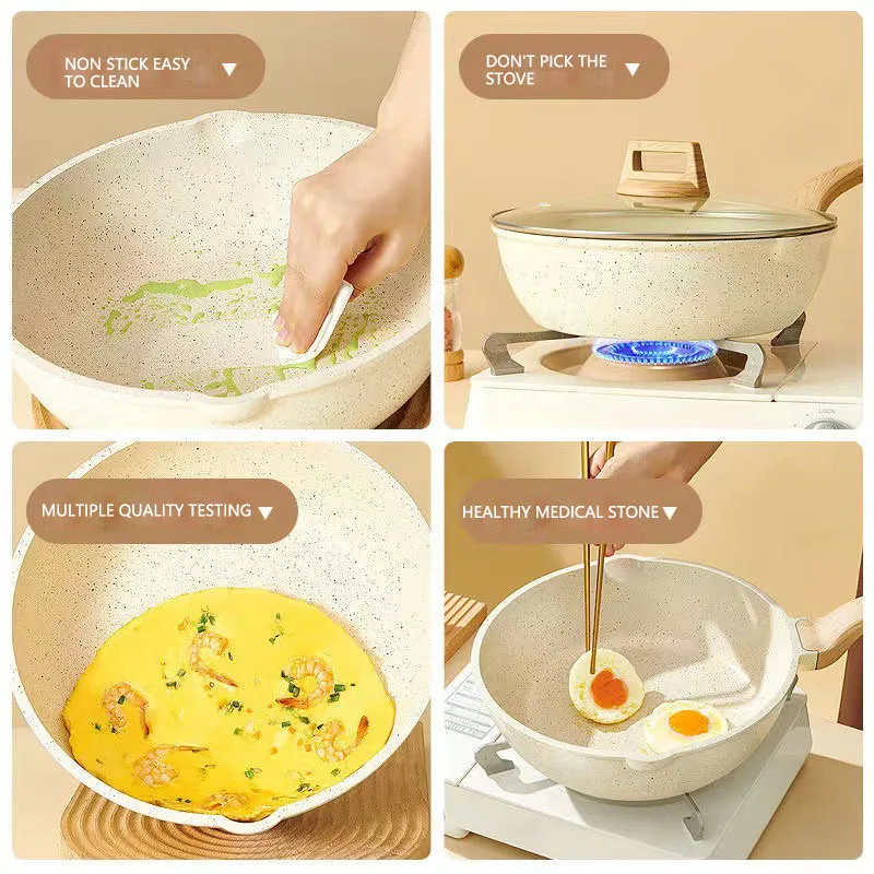 Maifan Stone Wok Non-Stick Pan Kitchen Cooker With Lid Cooking Pot Household Japanese Induction Cooker Gas Stove Frying Pan