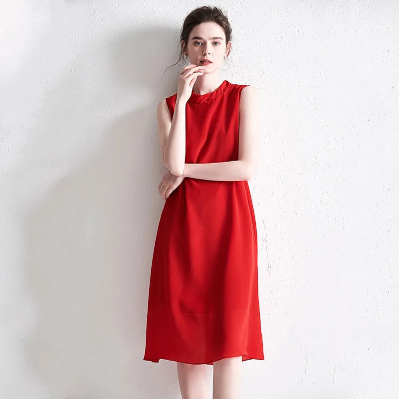 

Red Chiffon Silk Crepe Dresses Women Wedding Party 21 Summer Long Casual Sexy Office Work Daily Dress Plus Size Slim Fit A Line