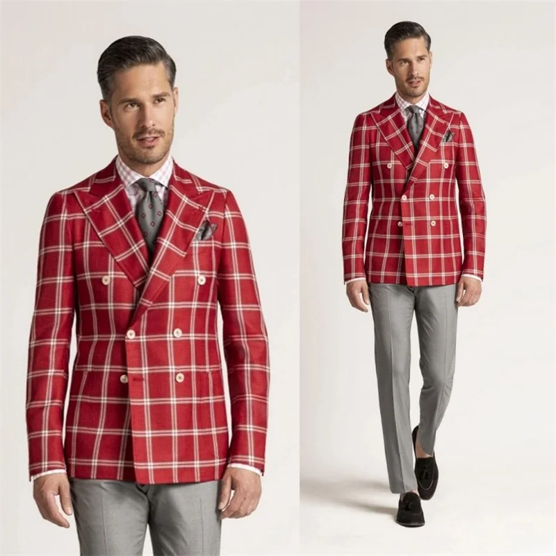 2 Stuks Rode Plaid Mens Wedding Tuxedos Double Breasted Blazer & Grey Broek Bruidegom Bruidsjonkers Suit Custom Made Nieuwe Ontwerp mannen Pakken