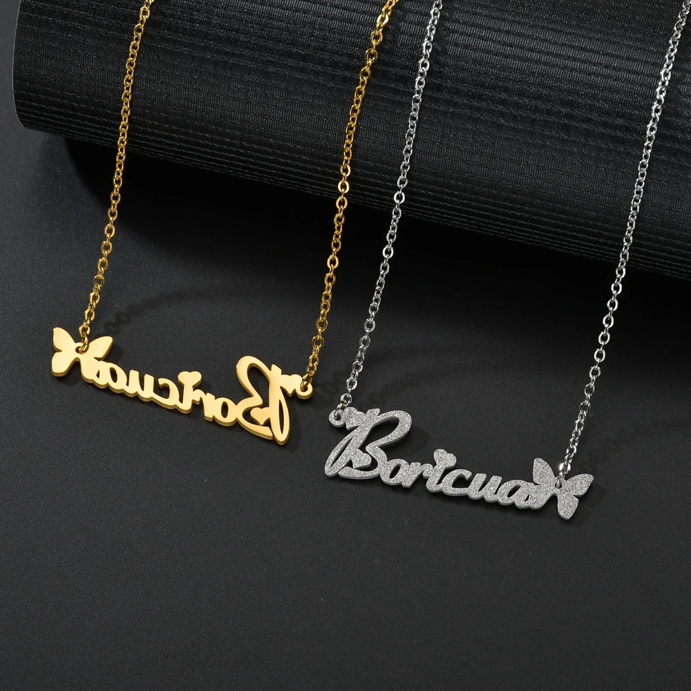 Atoztide 2022 Customized Stainless Steel Frosted Name Necklace Butterfly Personalized Letter Choker Pendant Nameplate Gift