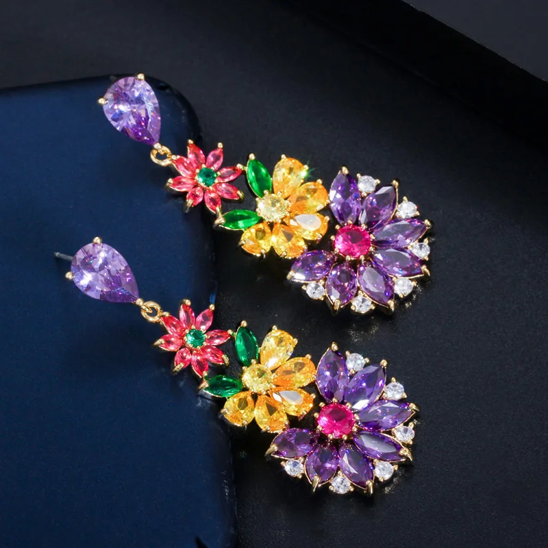 Pera Elegant Red Yellow Purple Cubic Zircon Gold Plated Long Big Flower Drop Dangle Earrings for Women Party Accessories E517