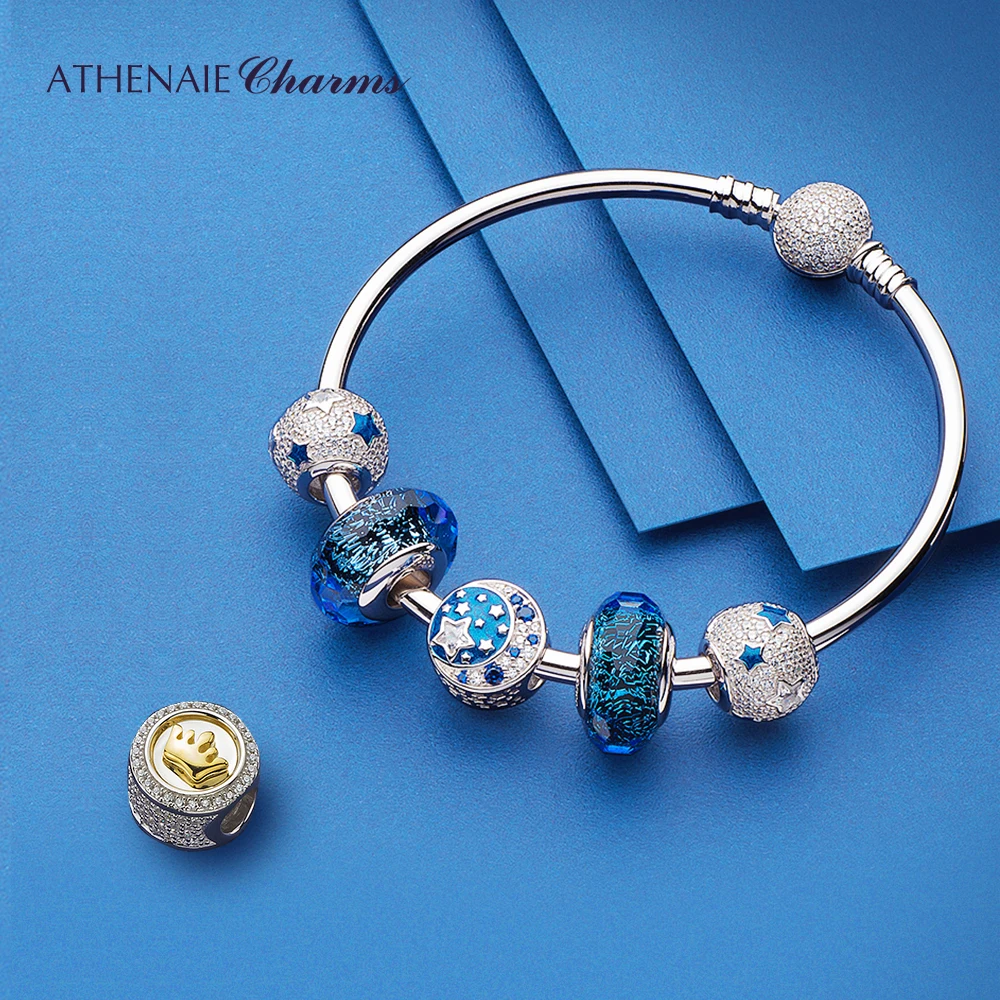 ATHENAIE Authentic 925 Sterling Silver Starry Sky Charms Bracelet Bangles with CZ Charm Beads for Women Christmas Day Gift