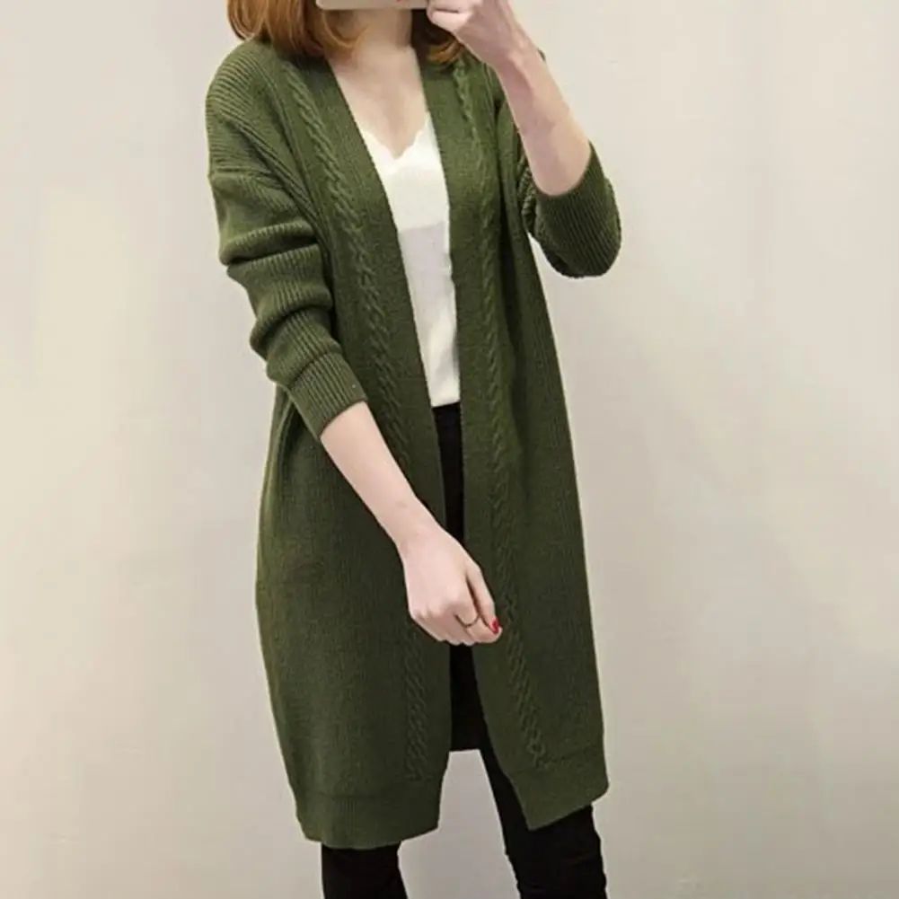 Long Sleeve Mid-Length Women Cardigan Autumn Winter Solid Color Twist Edge Knitted Coat Outerwear