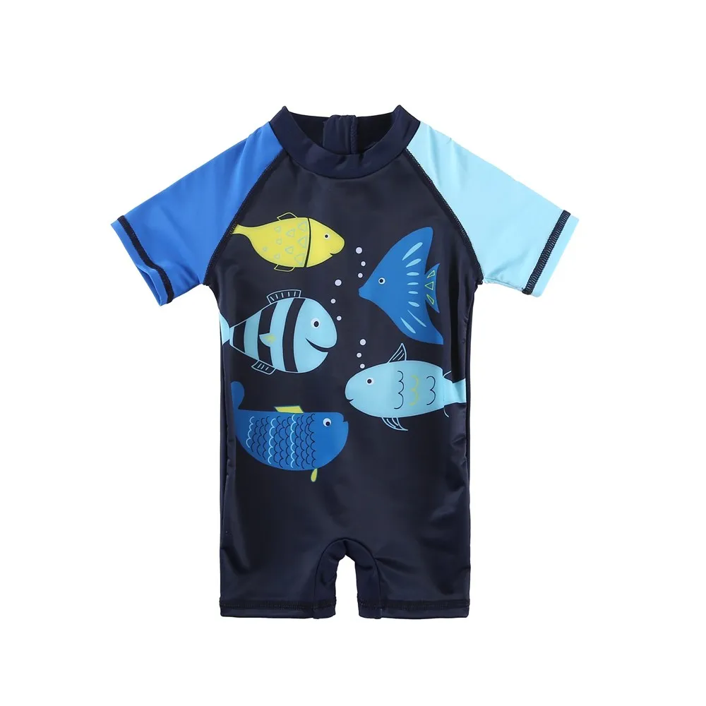 Wishere Kids Boys Swimwear One Piece Swimsuit Printed Bathers Swimming Suit Short Sleeves Sun Protection Beachwear Kids Sunsuit