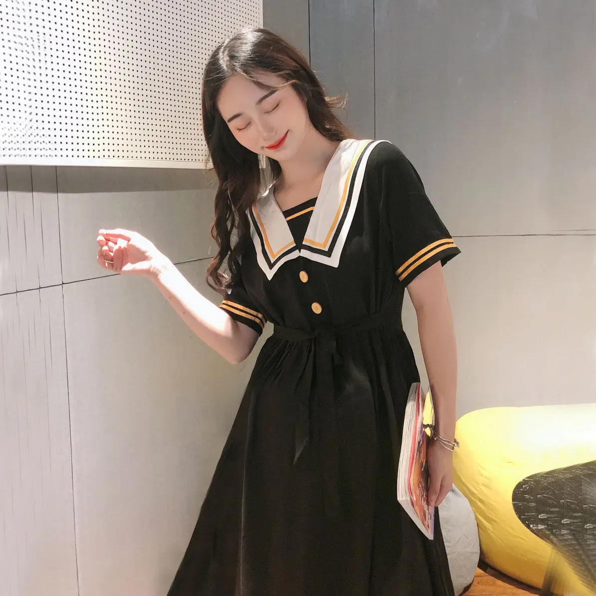 

Short Sleeve Sailor Collar Dress Female Korean Loose Medium-Length Dress A- line Dress Woman Dress Vestido De Mujer Femme Robe