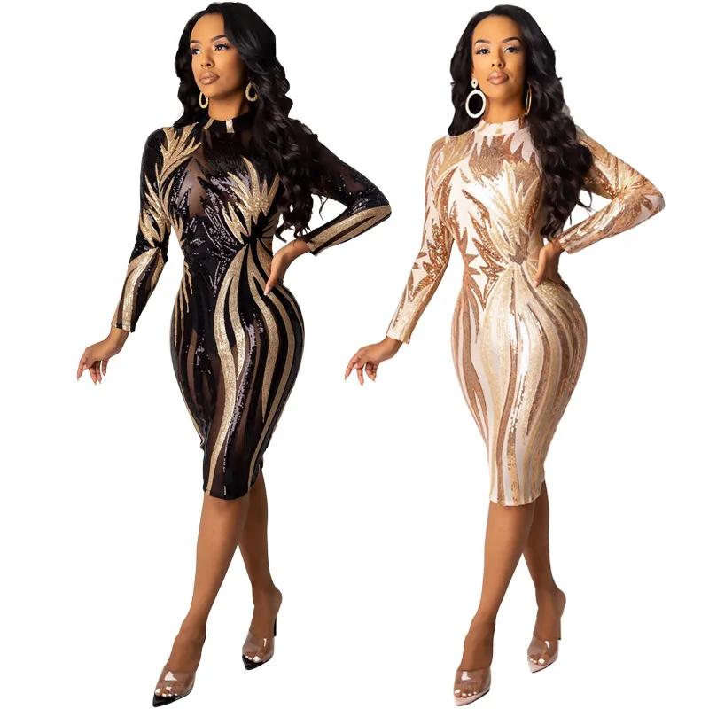 2024 Sequin Woman Dress Mesh Bodycon Sexy Club Outfits Long Sleeve See Through Tight  Black and Gold Party Night Dresses