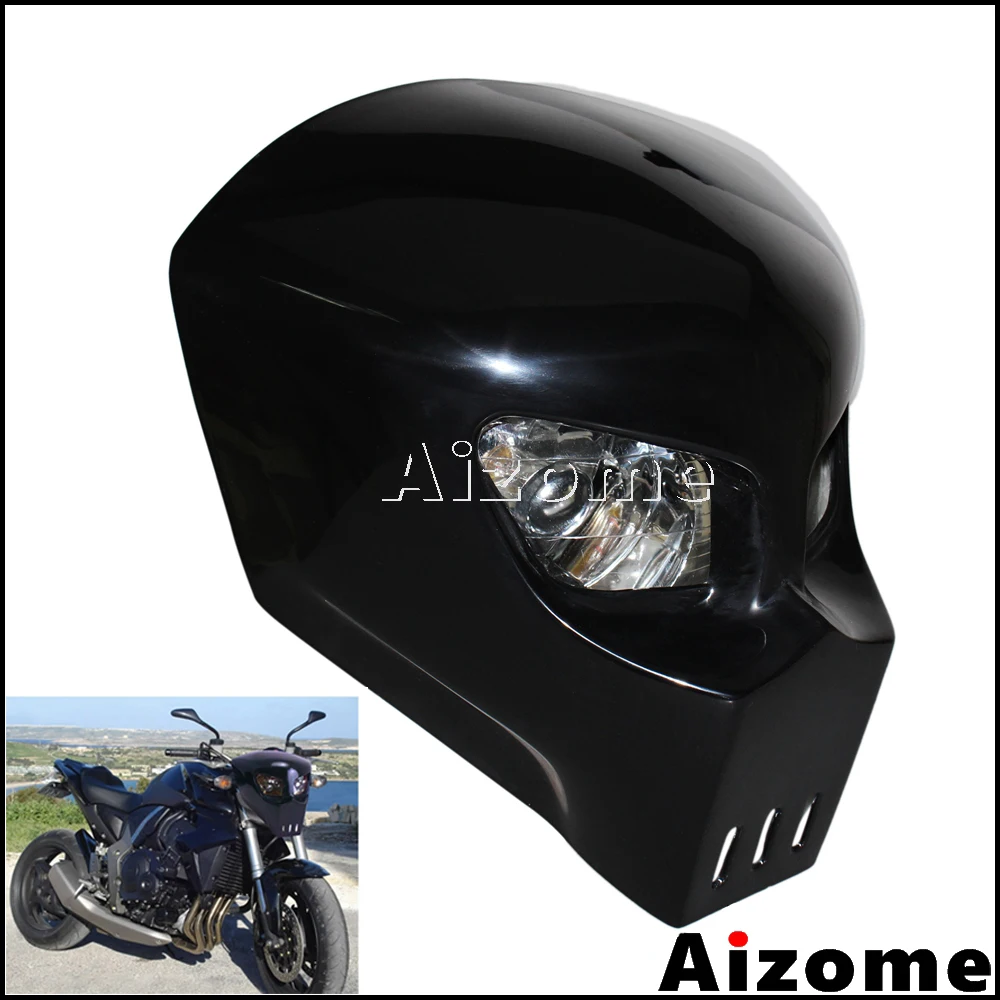 Black Skull Headlight Streetfighter Custom Motorcycle Headlight Mask Fairing For Kawasaki Suzuki Yamaha Street Bike