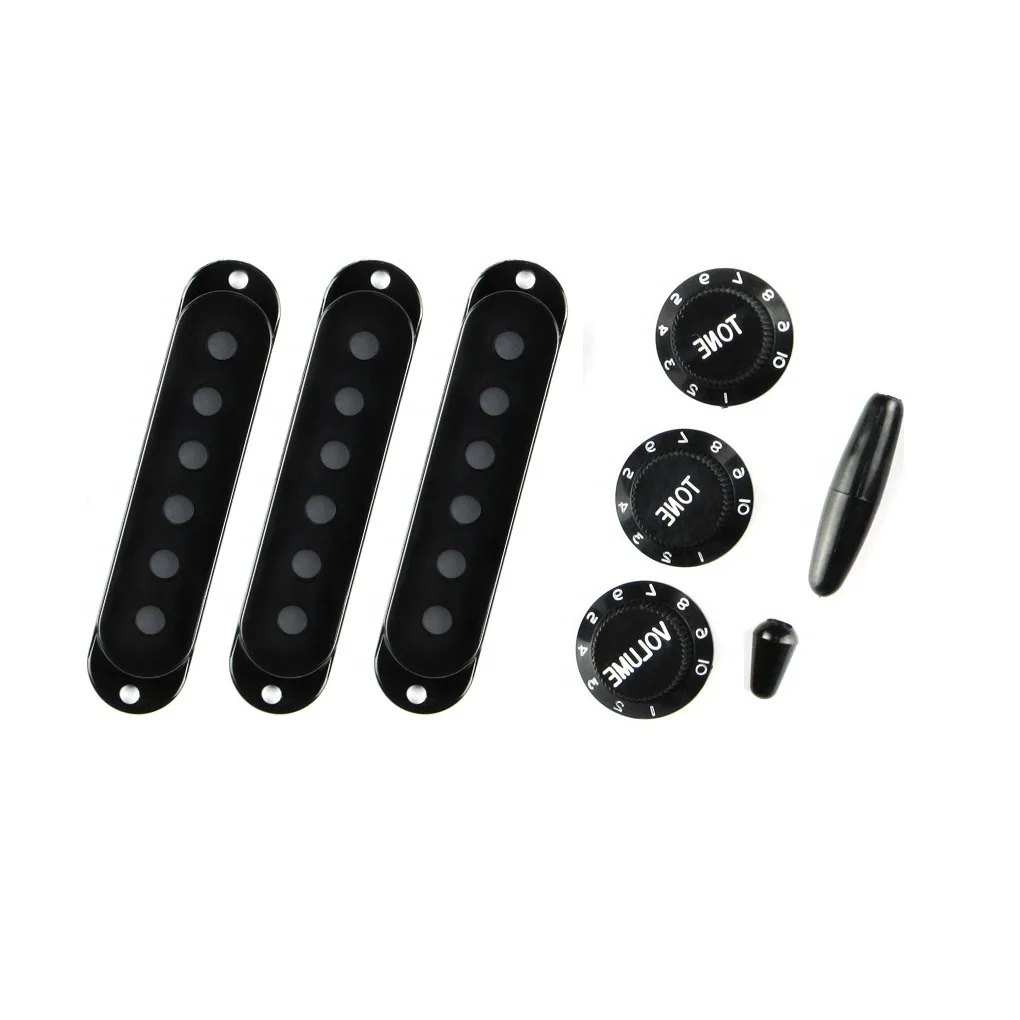 FLEOR Set of Plastic Black Guitar Single Coil Pickup Covers 2T1V Knobs Switch Tip Whammy Bar Tip for ST