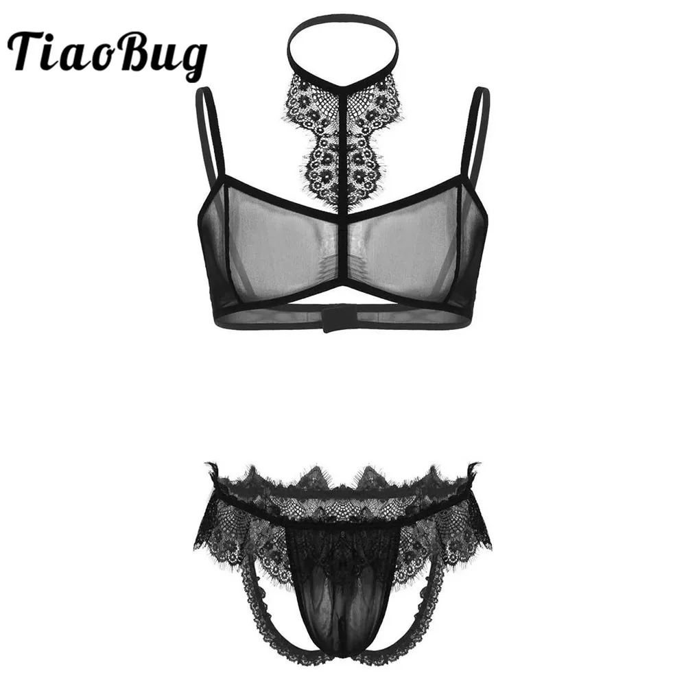 Hot Sexy Men Crossdressing Sissy Lingerie Set See Through Sheer Mesh Lace Gay Underwear Bra Top with G-strings Thongs Panties