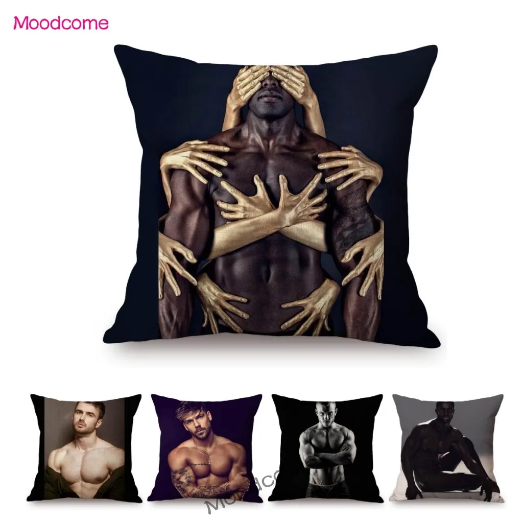 مثير رجل أسود الساخن جوك Muscled رياضة غي مثلي الجنس الفن عارية الذكور ديكور المنزل أريكة رمي كيس وسادة القطن غطاء الوسادة الكتان #3