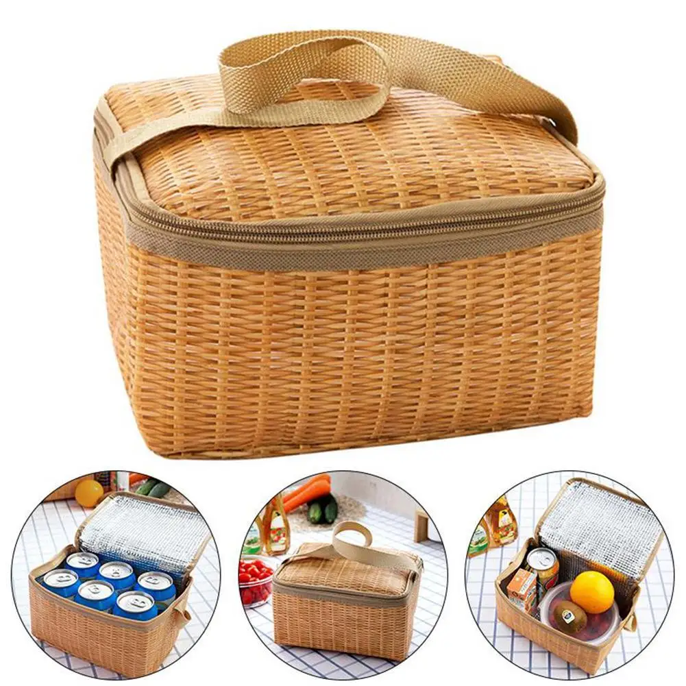 Wicker Rattan Picnic Bag Outdoor Portable Waterproof Bag Insulated Thermal Cooler Food Container Tableware Camping Picnic Basket