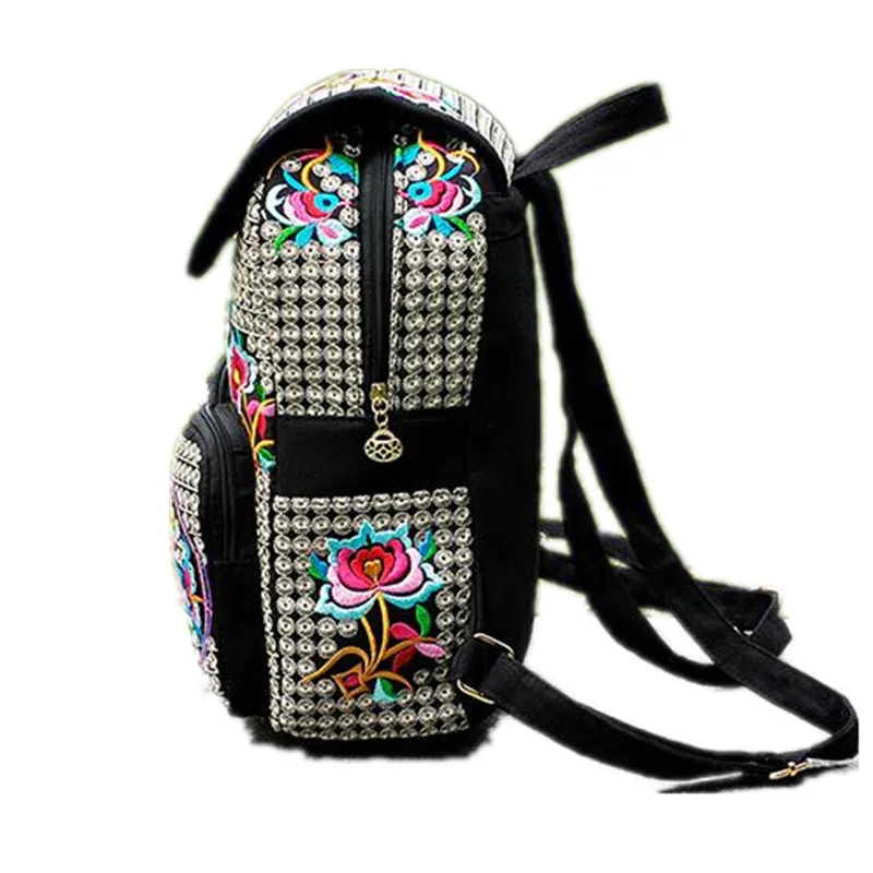 Floral Embroidered Casual Canvas Women Backpacks Girls Ethnic Schoolbags Ladies Vintage Rucksack Multi Pockets Flap Travel Bags