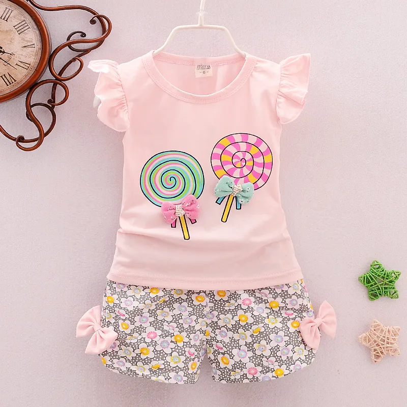 2024 New Summer Baby Clothes Sets Lollipop Print Sleeveless T-shirts and Shorts 2pcs Newborn Infant Girls Clothing Suits Outfits