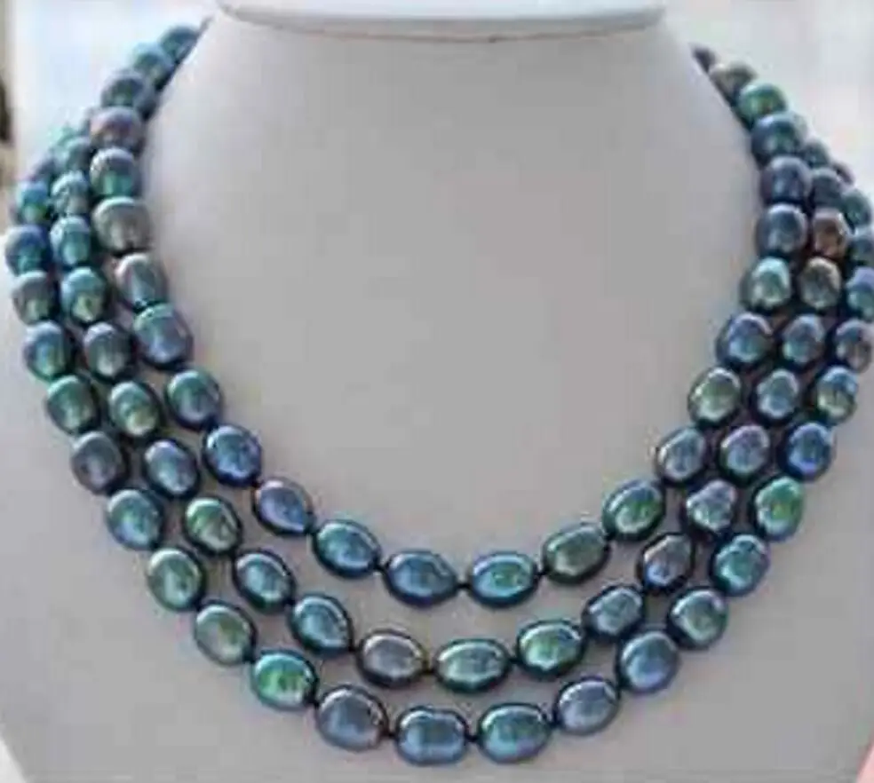 

Free shipping stunning 8-9mm tahitian peacock green baroque pearl necklace 50"