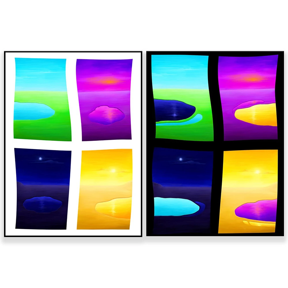 Surreal Window View Painting. Wall Art. Livingroom Decor For Prints on Canvas, Poster, Giclee. Lake Sea Landscape Sunset Scenery