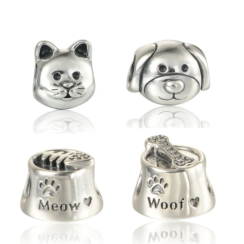 

4 Designs Family Pet Cat & Dog Silver Beads for Charms Bracelets Women Silver 925 Jewelry Clear CZ Fish Bone Meow & Woof Bowl