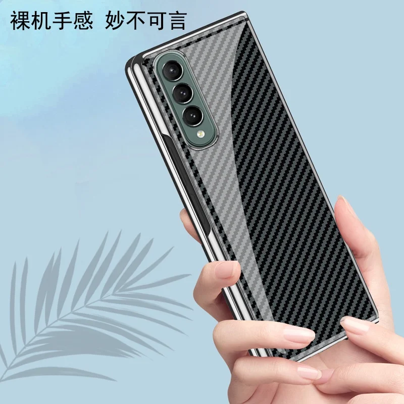 Luxury Tempered Glass Case For Samsung Galaxy Z Fold6 Fold5 Fold4 Fold 6 3 Metal Plated Frame Carbon Fiber Texture Cover