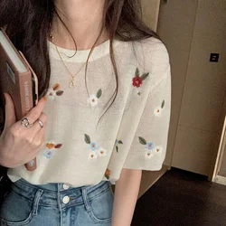 T-shirts Women Vintage Summer Casual Simple Comfortable Ulzzang Feminine Students High Street Chic O-neck Floral Mujer Camisetas