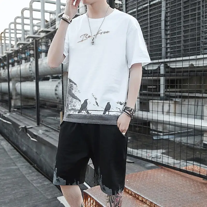 Men's Tshirt Pants Suits 2020 Summer Short Sleeve Logo Fashion Ins Loose Cotton T-shirt Printed O-neck Tops And Trousers Sets