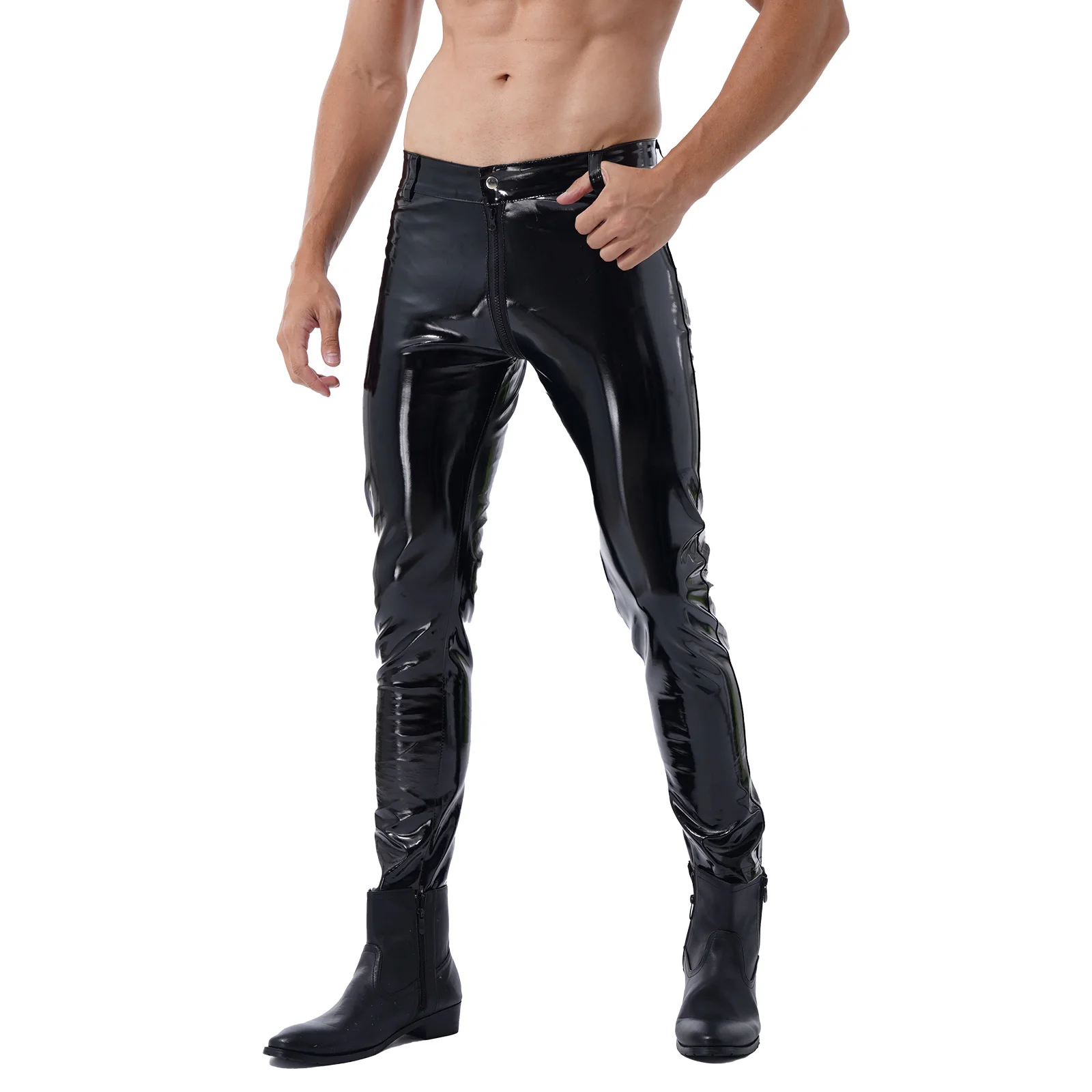 Moto Pants Leather Zipper Crotchless Pants Mens Clothing Fashion Wet Look Nightclub Performance Costumes Wet Look Trousers