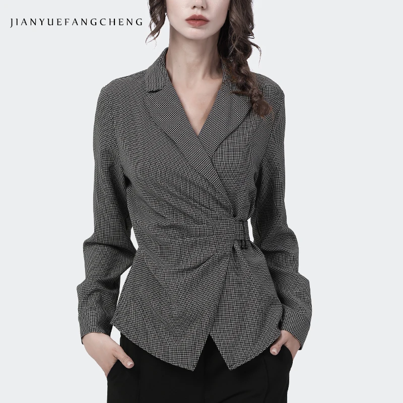 2022 Autumn Winter Women Long Sleeve Grey Plaid Shirt Elegant Slim V-Neck Side Hanging Buckle Tops Fashion Asymmetrical Blouses