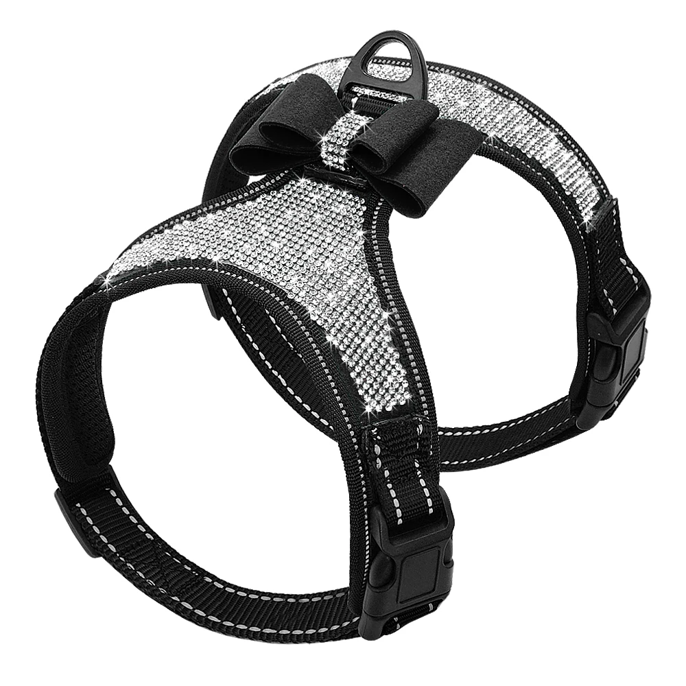 Fashion Reflecterende Bling Strass Hond Harnas Nylon Pitbull Pug Kleine Medium Honden Harnassen Vest Met Strik Hond Accessoires