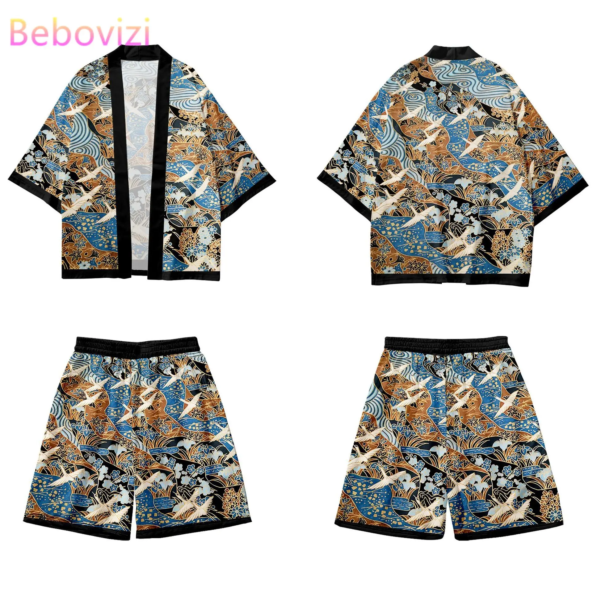 

Crane Print Yukata Harajuku Kimono Shorts Sets Summer Two-piece Suit Fashion Japanese Cardigan Women Men Cosplay Asian Clothing