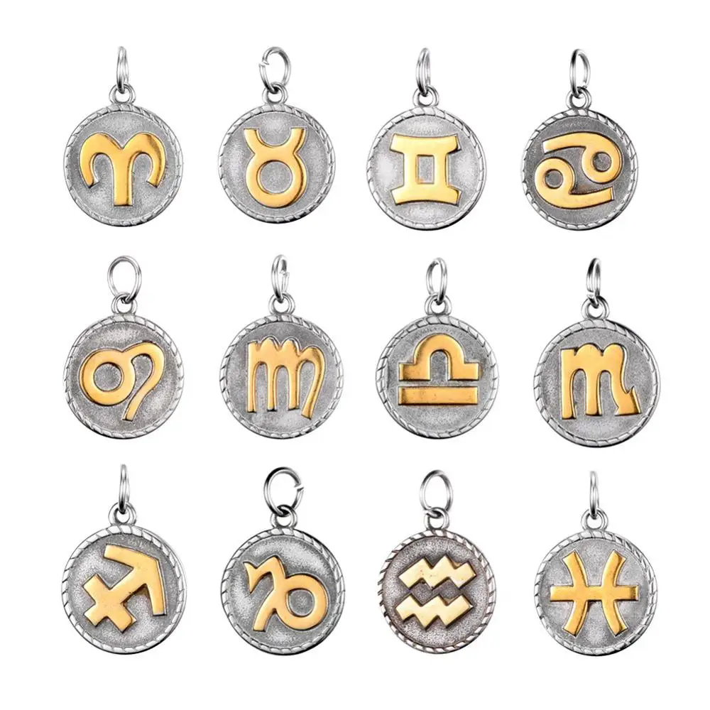 100% Stainless Steel Zodiac Charm For Jewelry Making Metal Twelve Constellations Charm Wholesale 12pcs/lot