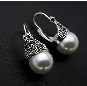 Gray drop 14mm big shell pearl earring lantern large white pearl crystals freshly baked earrings gem/stone/coral/opal Marcasite