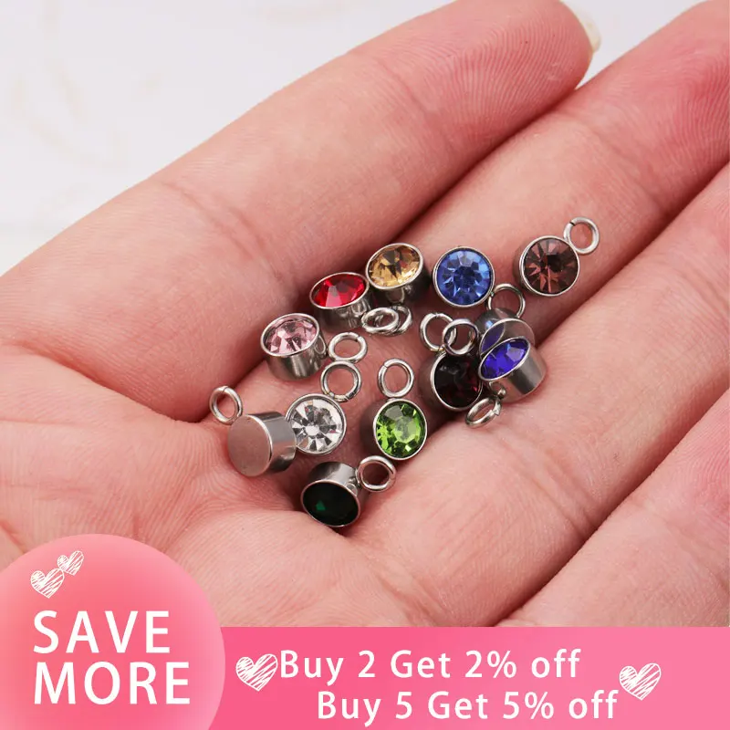 Fnixtar 60Pcs/Lot Birthstone Charms Round 6mm Rhinestones Charms DIY Making Bracelet Necklace Jewelry Stainless Steel Charms