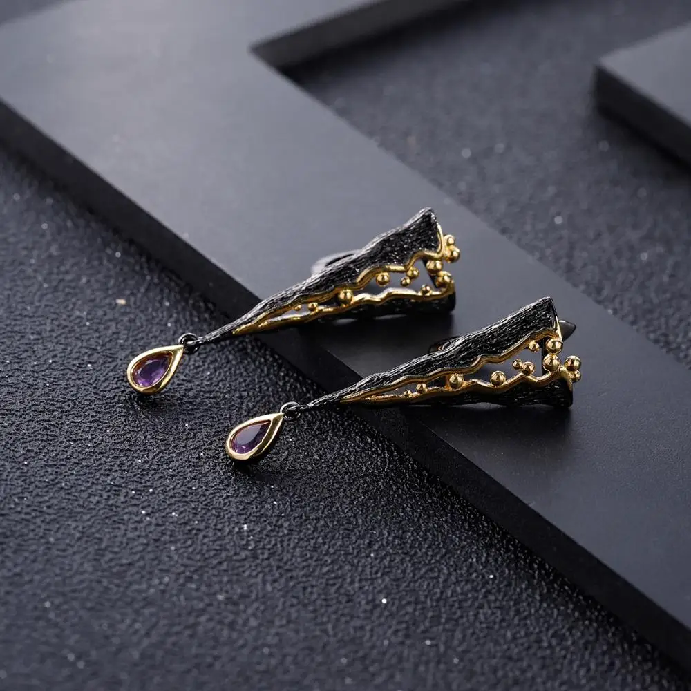 GEM\'S BALLET 925 Sterling Silver Handmade Golden Bead Honey Raindrop Triangle Natural Amethyst woman’s statement Earrings Jewelr