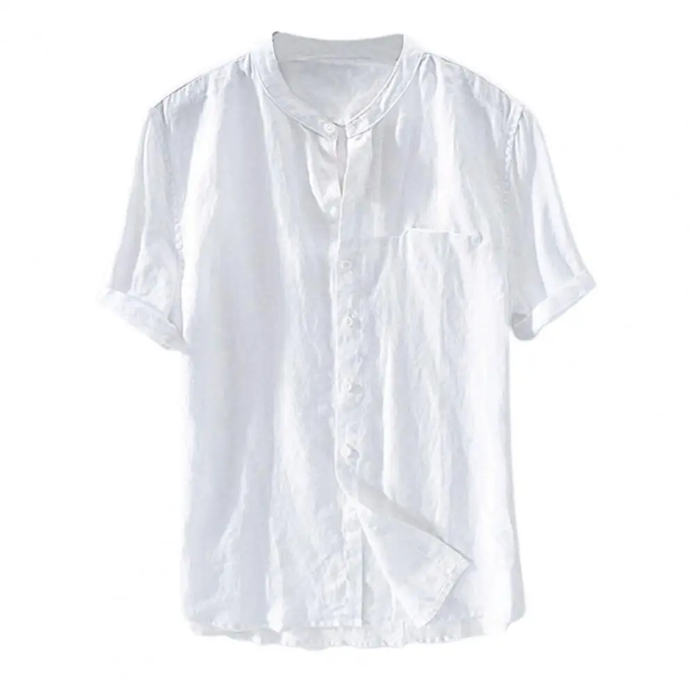 Casual Men Shirt Skin-friendly Solid Color Single-breasted Stand Collar Summer Loose Single-breasted Top for Summer Daily Wear