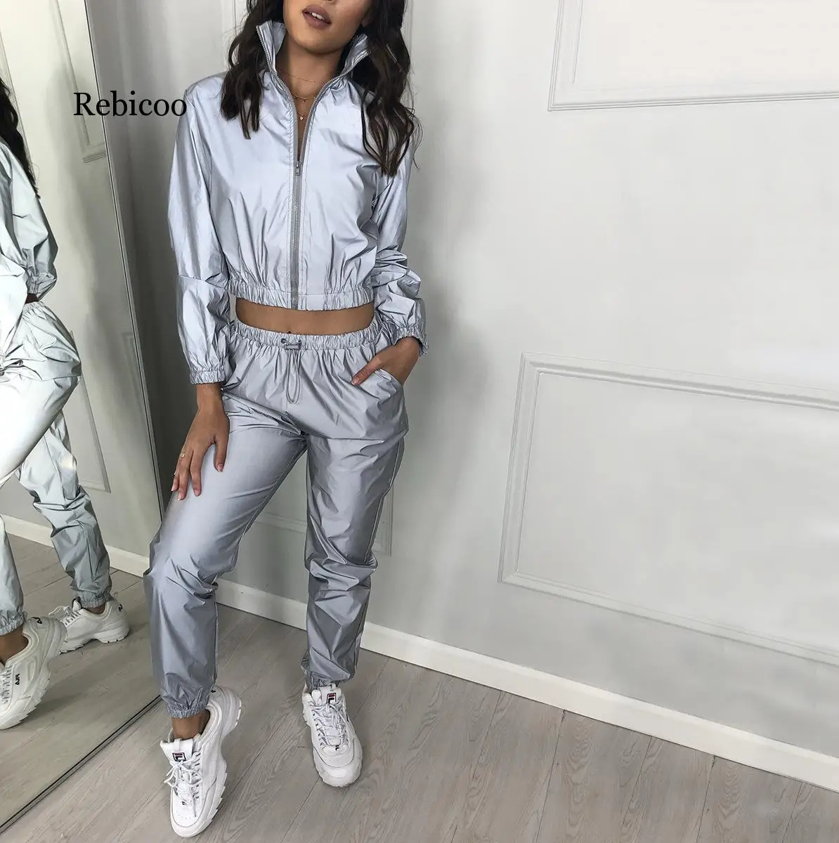 Reflective Turtleneck Sweatsuit Sportwear Two Piece Set Woemn Autumn Jacket Crop Top + Jogger Pant Matching Set Outfit Tracksuit