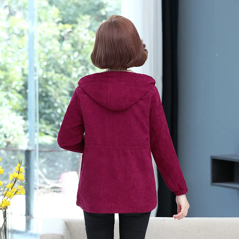 UHYTGF Quality Corduroy Autumn Winter Short Coat Women Elegant  Hooded Casual Warm Jacket Female Fleece Large Size Tops 1928