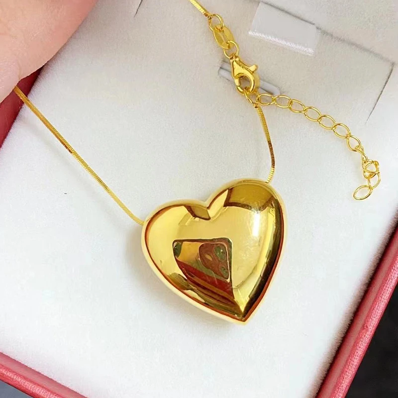 New Arrival 24K Yellow Gold Pendant Women 999 Gold Big Smooth Heart 3D Pendant Only Pendant