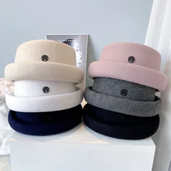 New Australian Wool Autumn Winter Designer Cap French Vintage Felt Hat Women Elegant Concave Fedora Luxury Stewardess Hat Bone