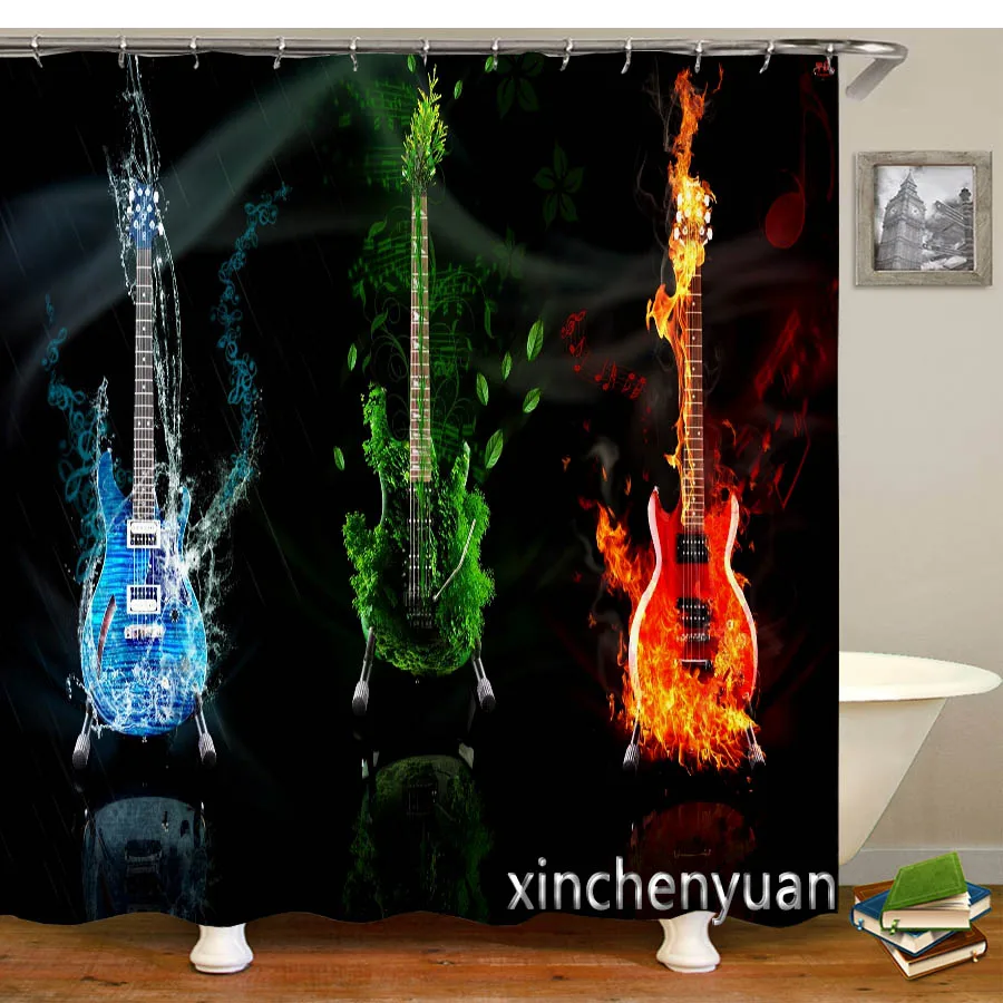 New Creative Musical Instrument Guitar Waterproof Bathroom Curtain 3d Printed Fabric with Hooks Decoration Shower Curtain M35