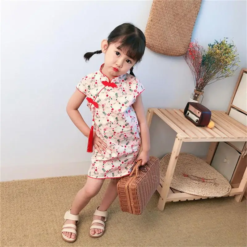 

Carnival Kids Cheongsam Chinese Style Princess Dress Tang Suit Flower Print Elegant Vintage Girls Short Sleeve Cheongsam Party