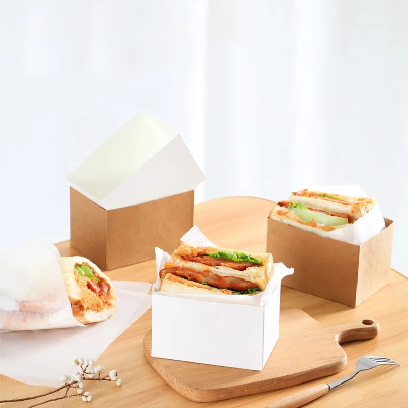 

500pcs Kraft Paper Sandwiches Wrapping Box Thick Egg Toast Bread Breakfast Packaging Box Burger Teatime Paper Tray