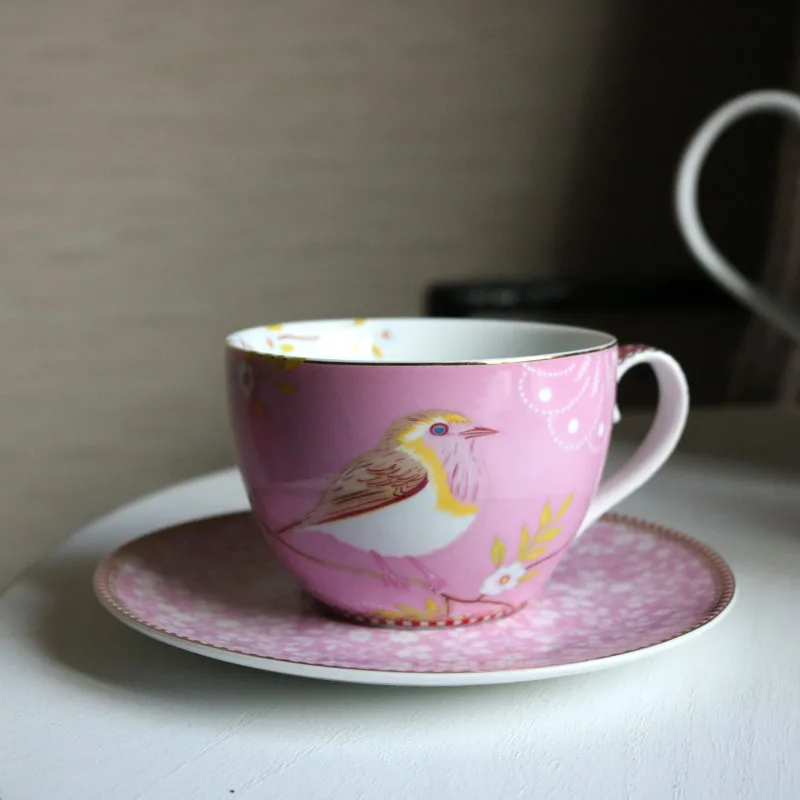 Bone China Large Flower Golden Edge Decorative Large Teapot/Bird Cup&Saucer