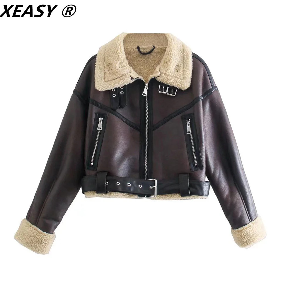 XEASY-Chaqueta con cuello vuelto para mujer, abrigos de piel sintética de doble cara, ropa informal, invierno, 2021